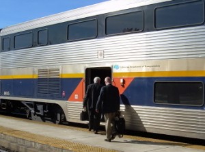 The UP's Tom Mulligan (right) and CCJPB's Gene Skoropowski board a Capitol train at the Suisun station enroute to Sacramento in November, 2007.